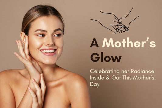 Smiling woman with glowing skin celebrating Mother's Day, promoting natural skincare and self-care for moms