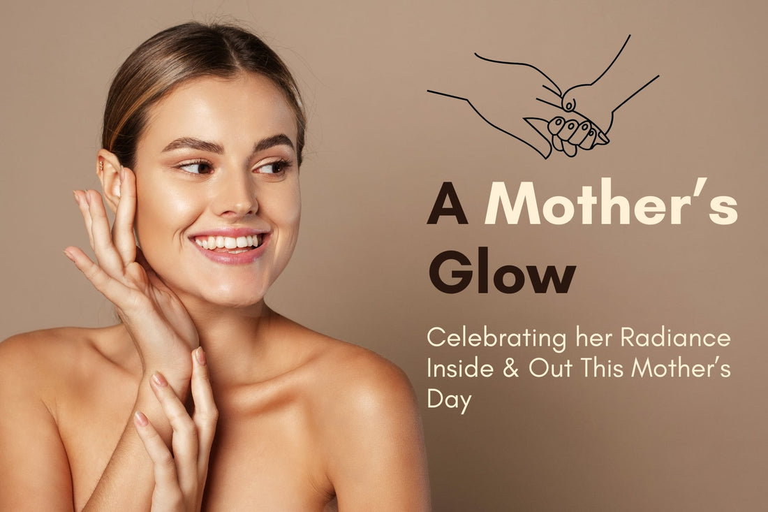Smiling woman with glowing skin celebrating Mother's Day, promoting natural skincare and self-care for moms